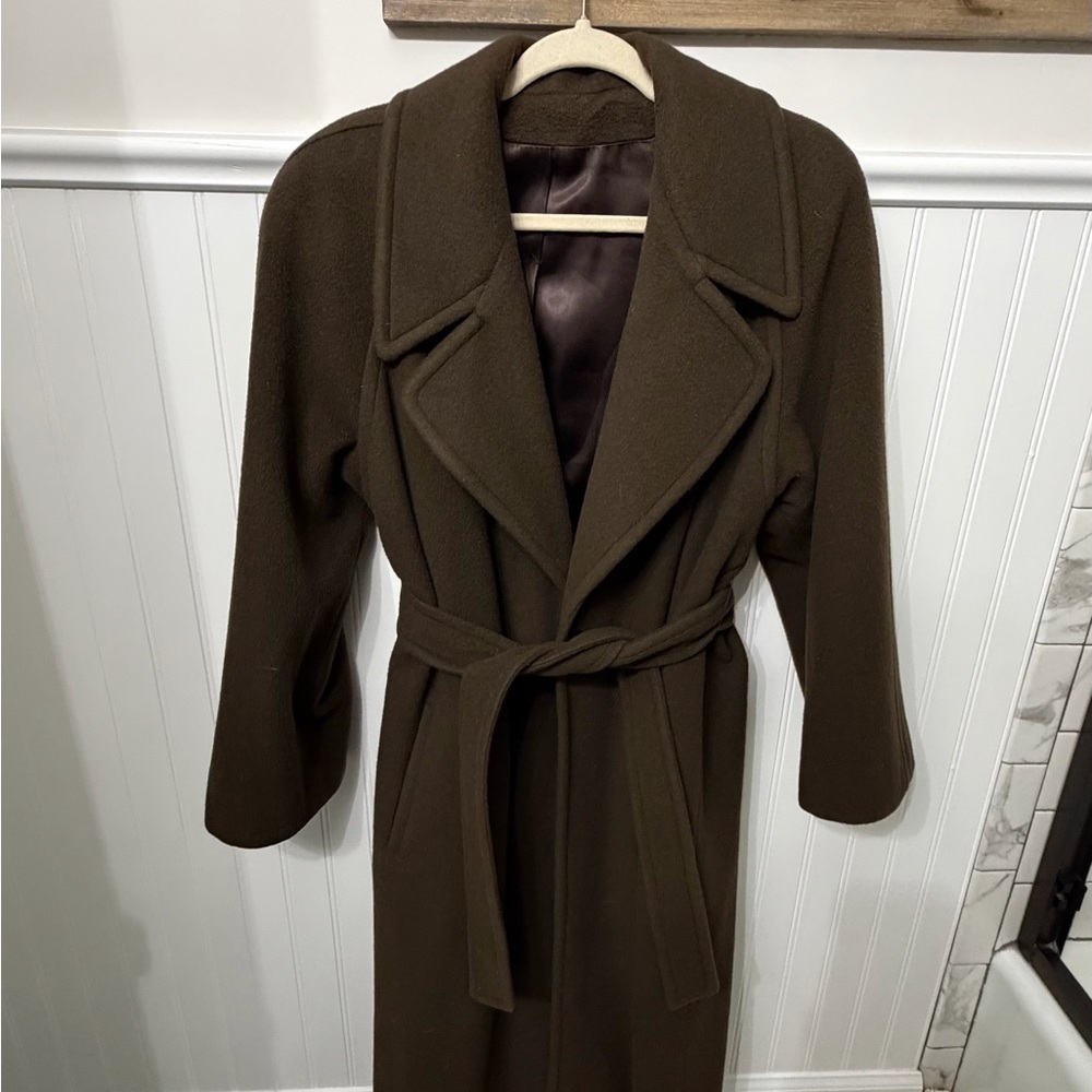 Vintage Regency Cashmere Coat Long Trench Wrap Belted Overcoat Brown 1960s